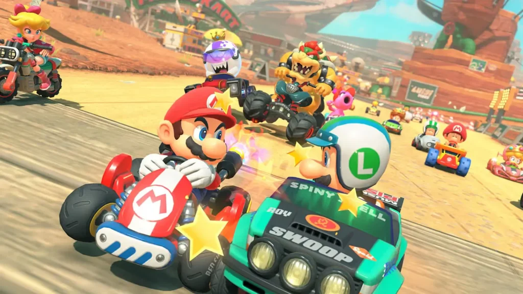 mario kart world characters racing desert